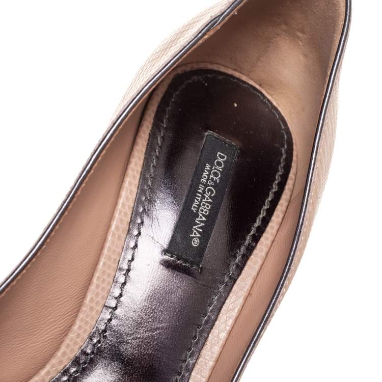 Pre Owned Dolce & Gabbana Beige Lizard Embossed Leather Crystal Embellished Bellucci Pumps Size 37.5