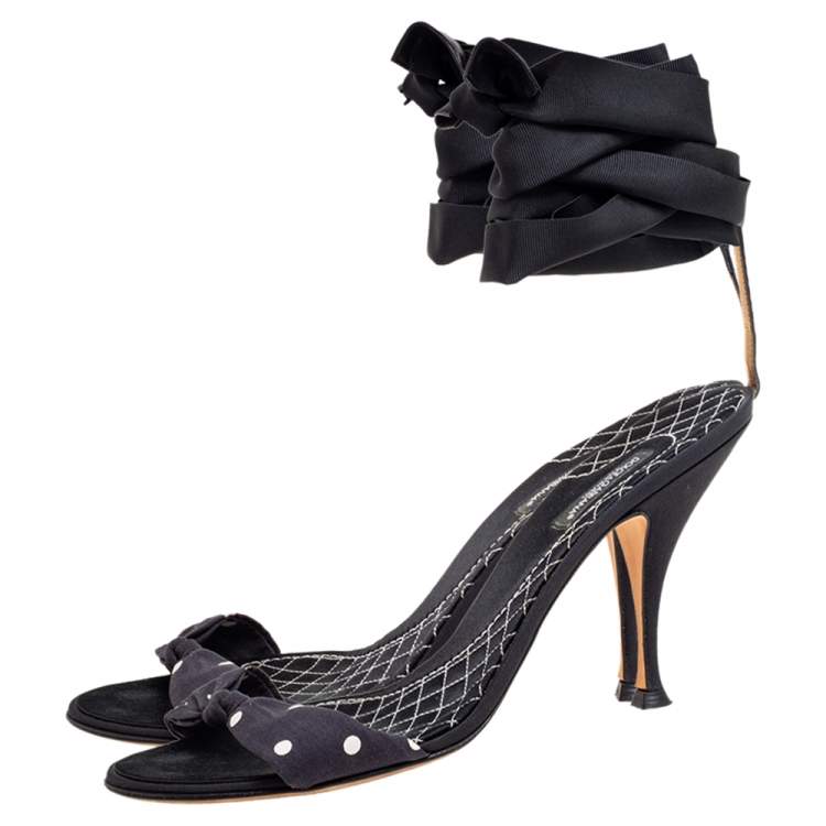 Pre Owned Dolce & Gabbana Navy Blue/Black Polka Dot Knotted Fabric Ankle-Wrap Sandals Size 40.5