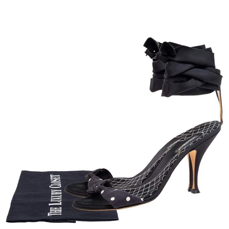 Pre Owned Dolce & Gabbana Navy Blue/Black Polka Dot Knotted Fabric Ankle-Wrap Sandals Size 40.5
