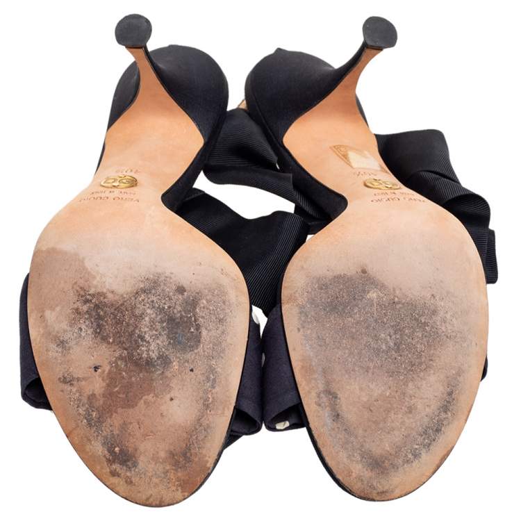 Pre Owned Dolce & Gabbana Navy Blue/Black Polka Dot Knotted Fabric Ankle-Wrap Sandals Size 40.5