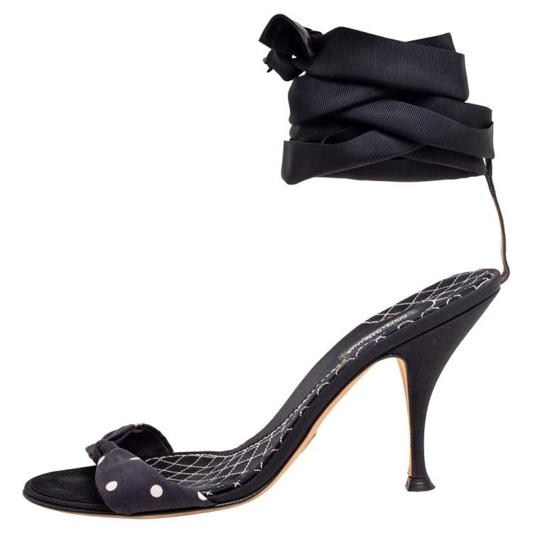 Pre Owned Dolce & Gabbana Navy Blue/Black Polka Dot Knotted Fabric Ankle-Wrap Sandals Size 40.5