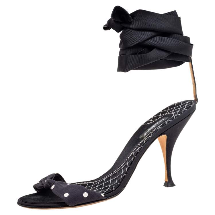 Pre Owned Dolce & Gabbana Navy Blue/Black Polka Dot Knotted Fabric Ankle-Wrap Sandals Size 40.5
