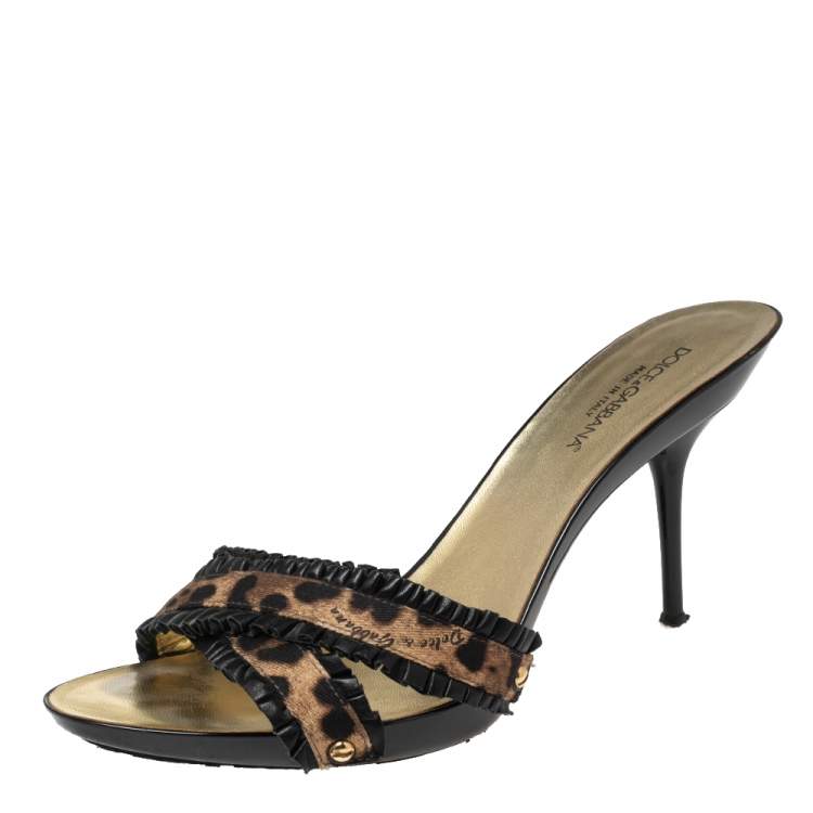 Pre Owned Dolce & Gabbana Brown/Black Leopard Print Canvas and Pleated Leather Trim Crisscross Slide Sandals Size 41