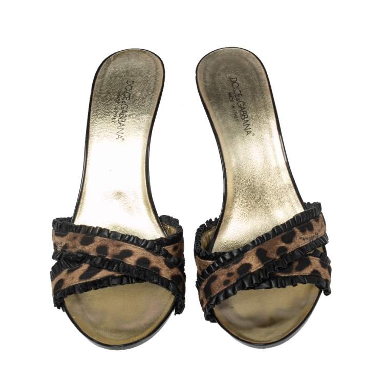Pre Owned Dolce & Gabbana Brown/Black Leopard Print Canvas and Pleated Leather Trim Crisscross Slide Sandals Size 41