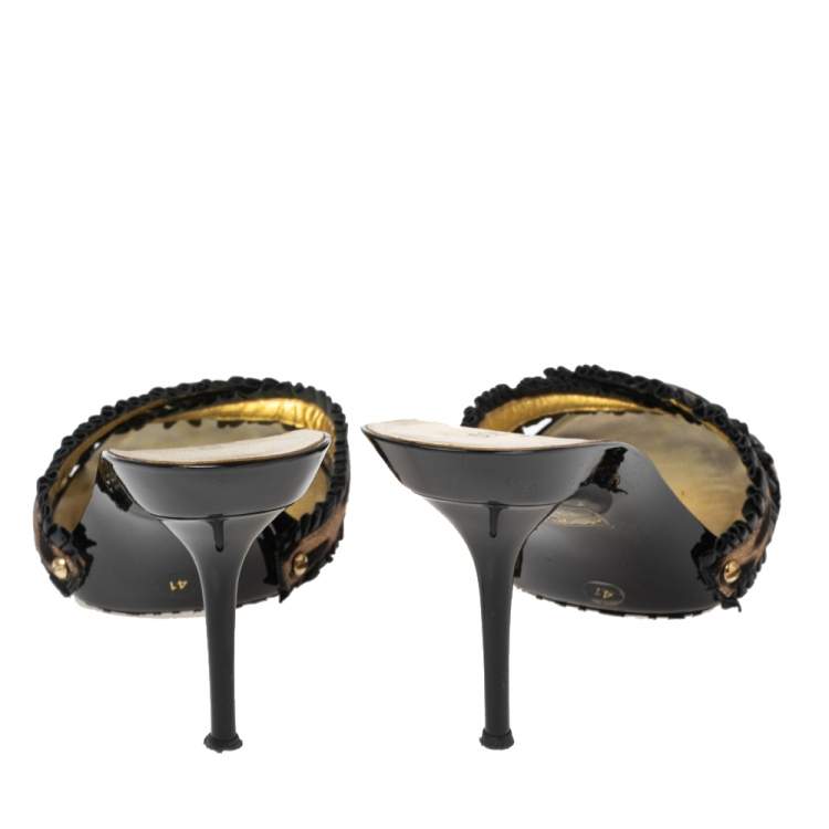 Pre Owned Dolce & Gabbana Brown/Black Leopard Print Canvas and Pleated Leather Trim Crisscross Slide Sandals Size 41