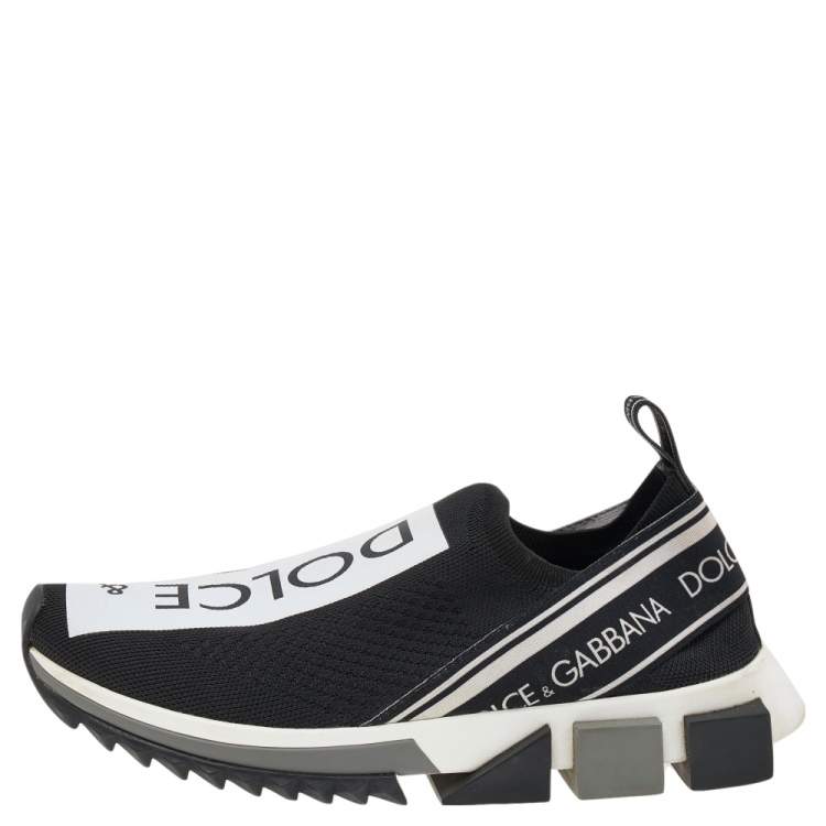 Pre Owned Dolce & Gabbana Black/White Knit Fabric Sorrento Slip On Sneakers Size 39.5