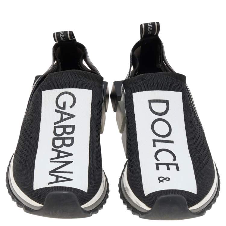 Pre Owned Dolce & Gabbana Black/White Knit Fabric Sorrento Slip On Sneakers Size 39.5