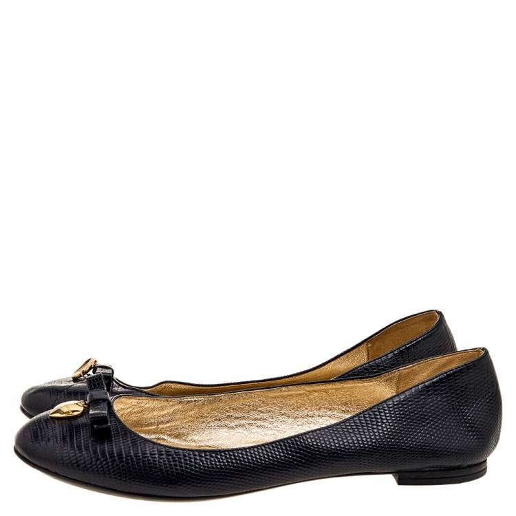 Pre Owned Dolce & Gabbana Black Lizard Embossed Leather Bow Detail Ballet Flats Size 37.5