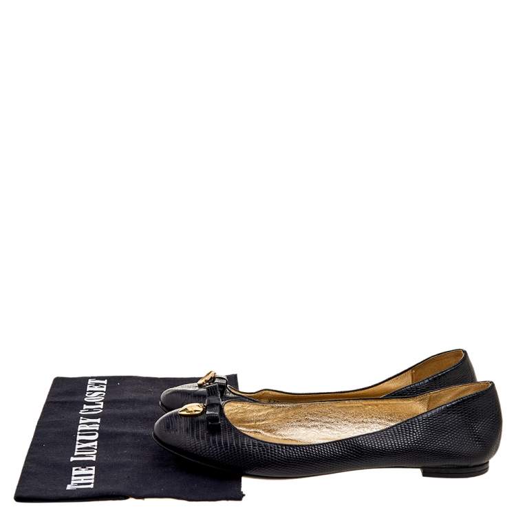 Pre Owned Dolce & Gabbana Black Lizard Embossed Leather Bow Detail Ballet Flats Size 37.5
