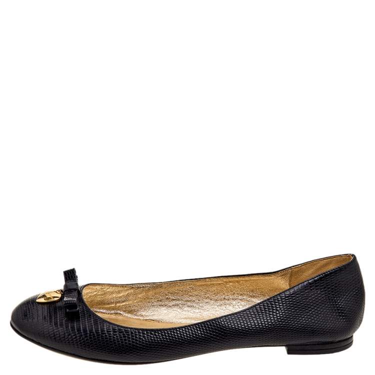 Pre Owned Dolce & Gabbana Black Lizard Embossed Leather Bow Detail Ballet Flats Size 37.5