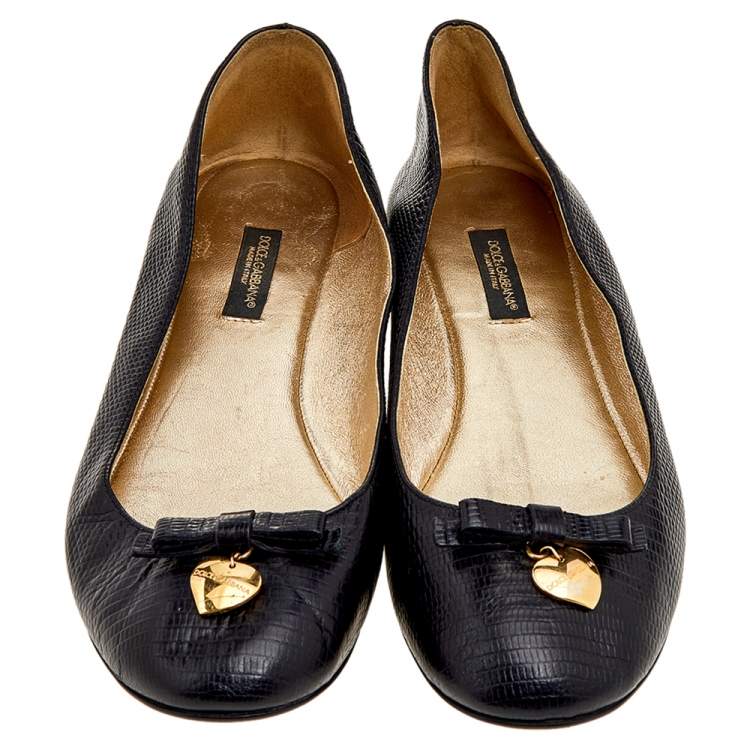 Pre Owned Dolce & Gabbana Black Lizard Embossed Leather Bow Detail Ballet Flats Size 37.5