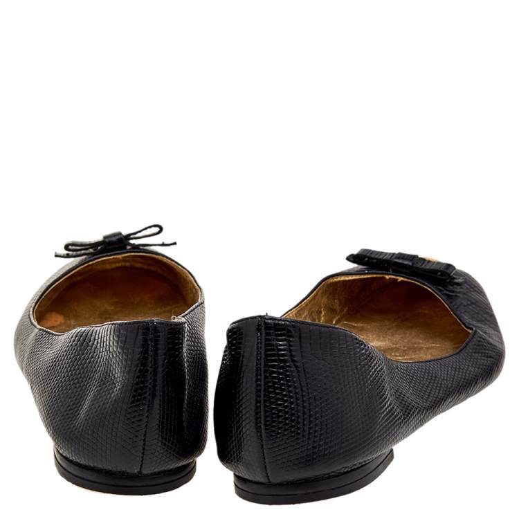 Pre Owned Dolce & Gabbana Black Lizard Embossed Leather Bow Detail Ballet Flats Size 37.5