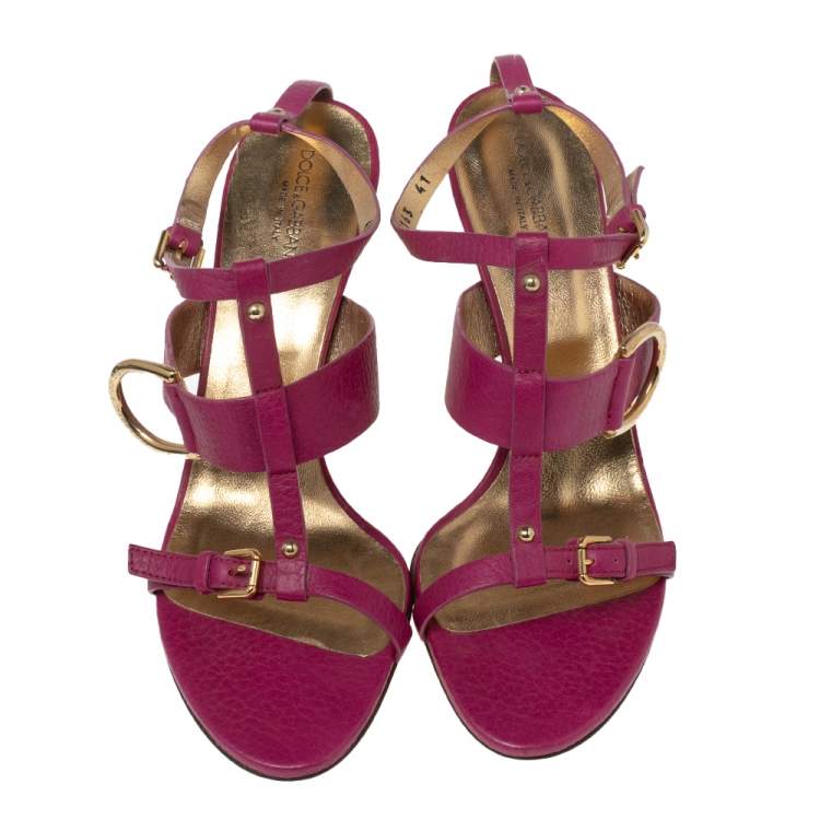 Pre Owned Dolce & Gabbana Pink Leather Buckle Details T-Strap Sandals Size 41