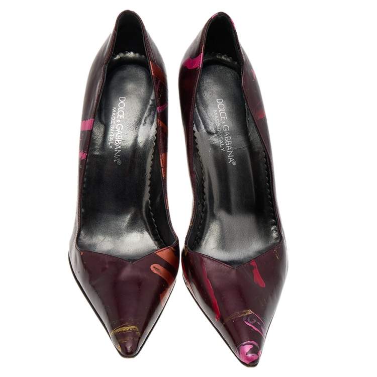 Pre Owned Dolce & Gabbana Burgundy Leather Hand Painted Pointed Toe Pumps Size 37.5