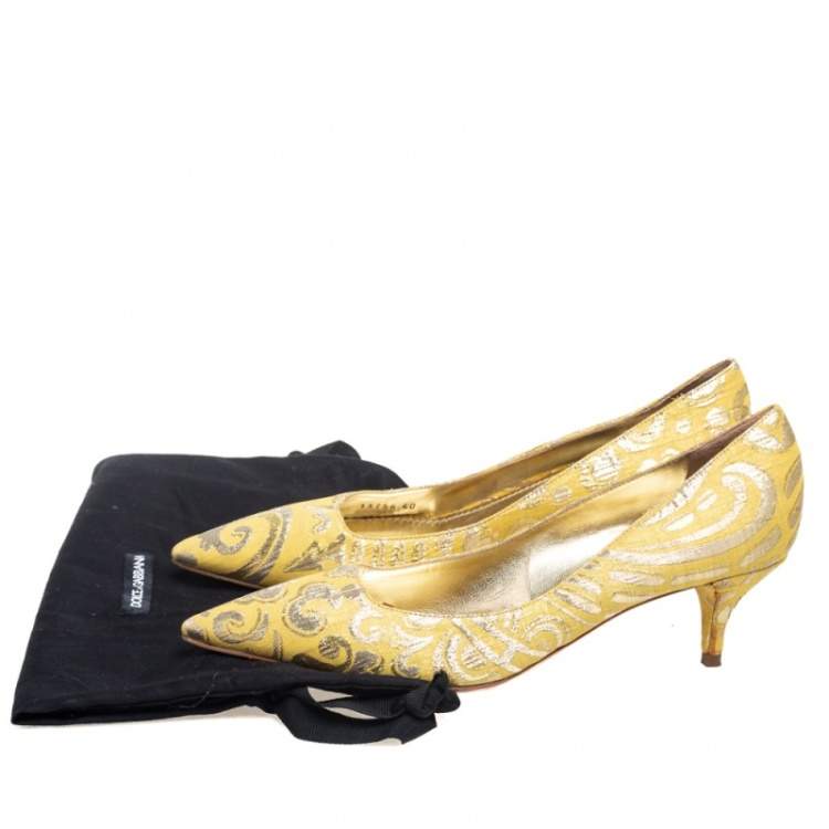 Pre Owned Dolce & Gabbana Yellow Brocade Fabric Pointed Toe  Pumps Size 40