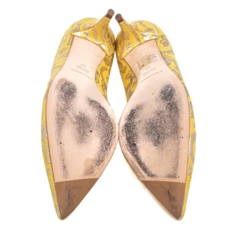 Pre Owned Dolce & Gabbana Yellow Brocade Fabric Pointed Toe  Pumps Size 40
