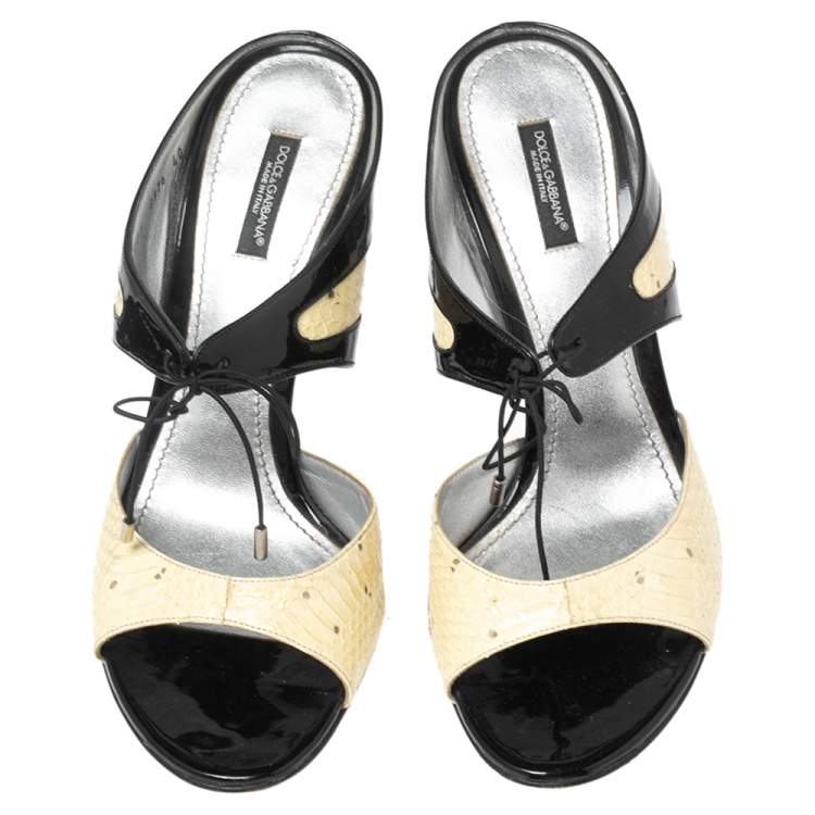 Pre Owned Dolce & Gabbana Black/Beige Patent And Python Leather Open Toe Sandals Size 40