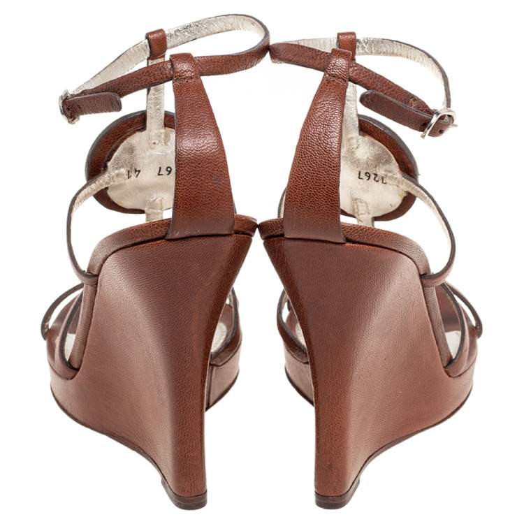 Pre Owned Dolce & Gabbana Brown Leather Strappy Wedge Sandals Size 41