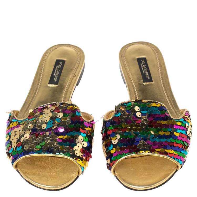 Pre Owned Dolce & Gabbana Multicolor Sequin Sofia Flat Slide Sandals Size 35.5