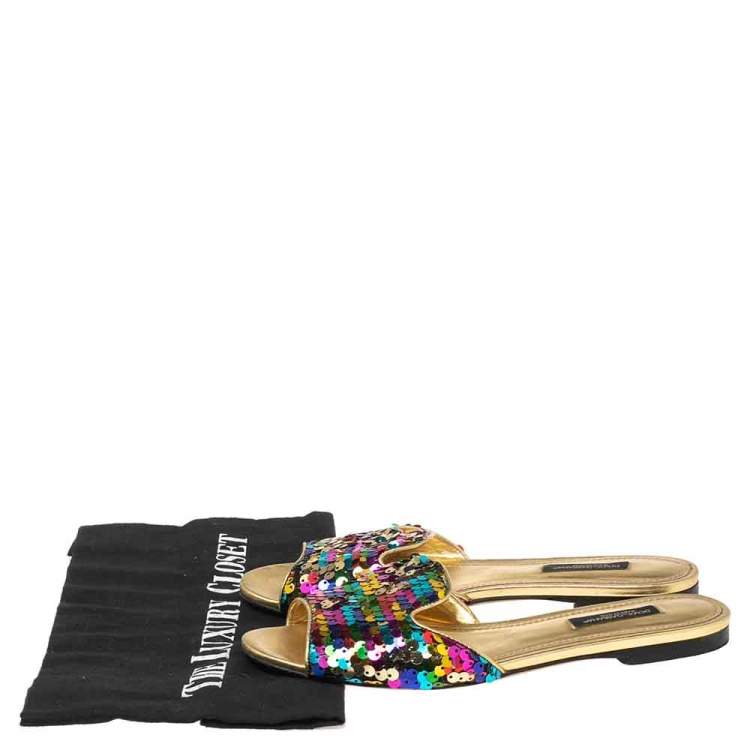 Pre Owned Dolce & Gabbana Multicolor Sequin Sofia Flat Slide Sandals Size 35.5