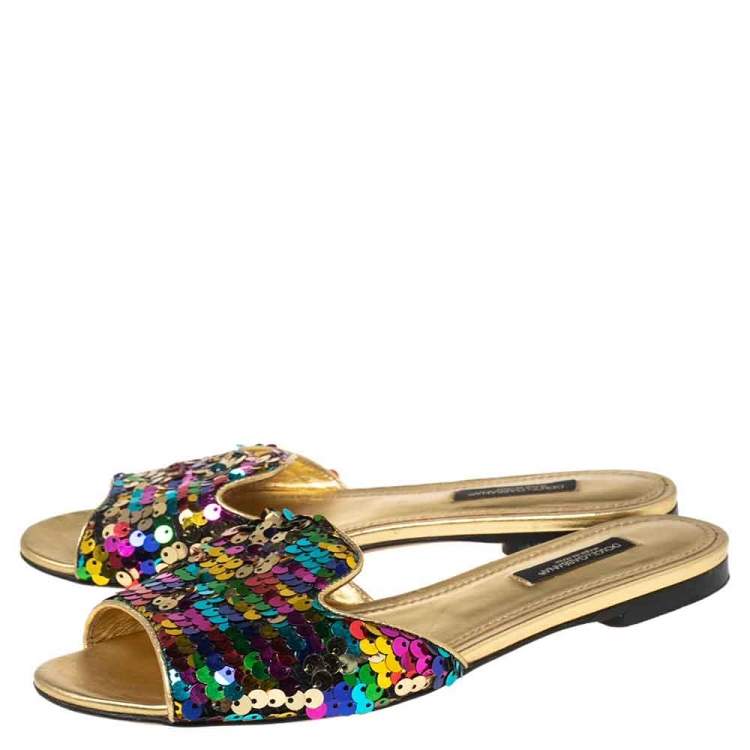 Pre Owned Dolce & Gabbana Multicolor Sequin Sofia Flat Slide Sandals Size 35.5