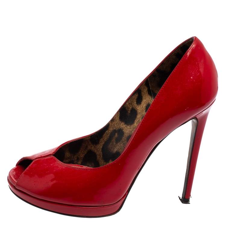 Pre Owned Dolce & Gabbana Red Patent Leather Peep-Toe Platform Pumps Size 36.5