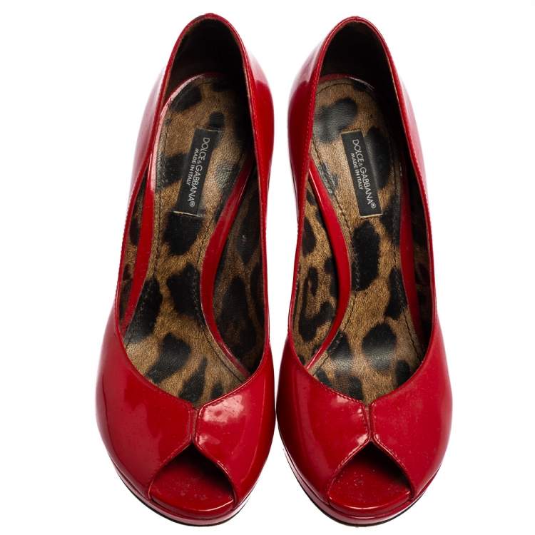 Pre Owned Dolce & Gabbana Red Patent Leather Peep-Toe Platform Pumps Size 36.5
