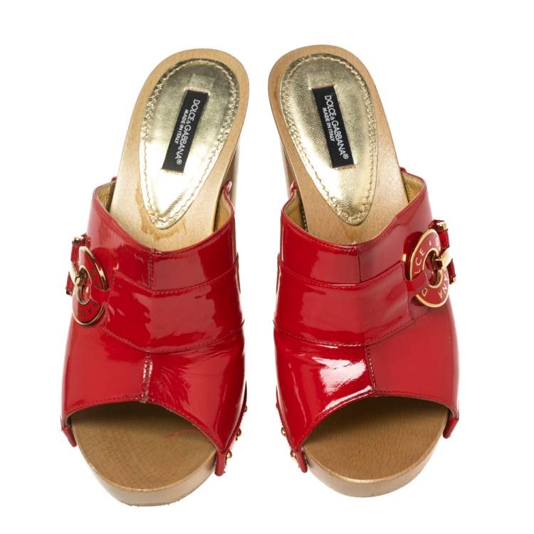 Pre Owned Dolce & Gabbana Red Patent Leather Wooden Mules Size 37