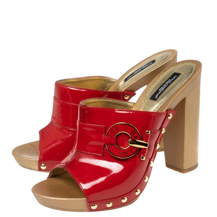 Pre Owned Dolce & Gabbana Red Patent Leather Wooden Mules Size 37
