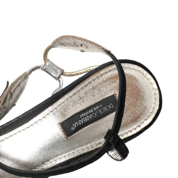 Pre Owned Dolce & Gabbana Black Suede and Metallic Leaf Applique Leather Wedge Sandals Size 39