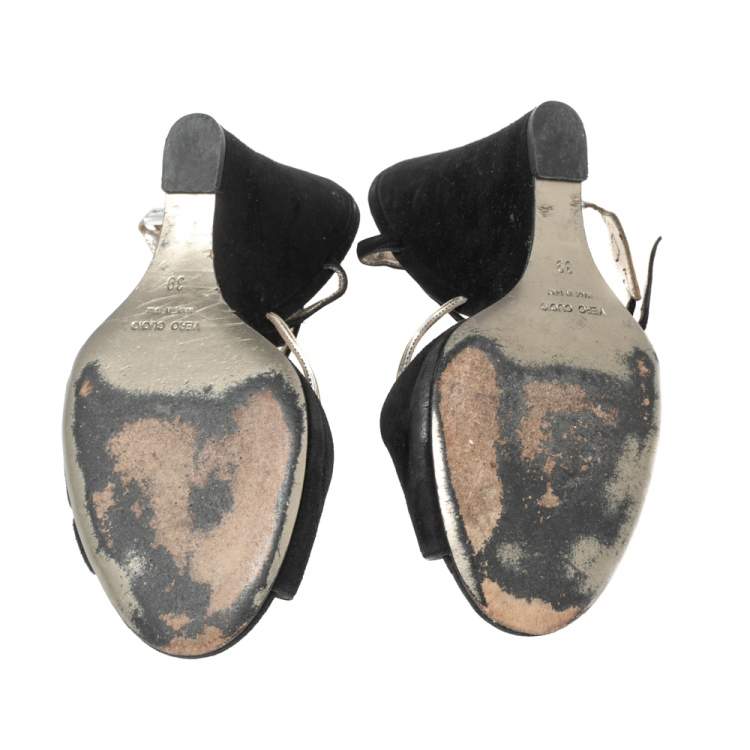 Pre Owned Dolce & Gabbana Black Suede and Metallic Leaf Applique Leather Wedge Sandals Size 39