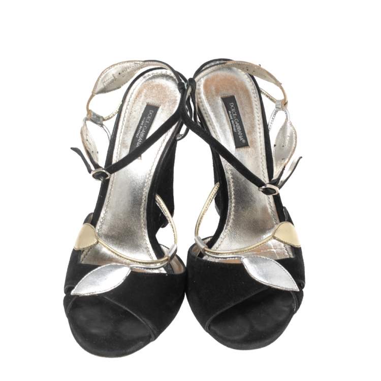 Pre Owned Dolce & Gabbana Black Suede and Metallic Leaf Applique Leather Wedge Sandals Size 39
