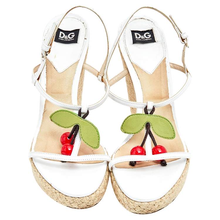 Pre Owned D&G White Leather Cherry Platform Wedge Sandals Size 39.5