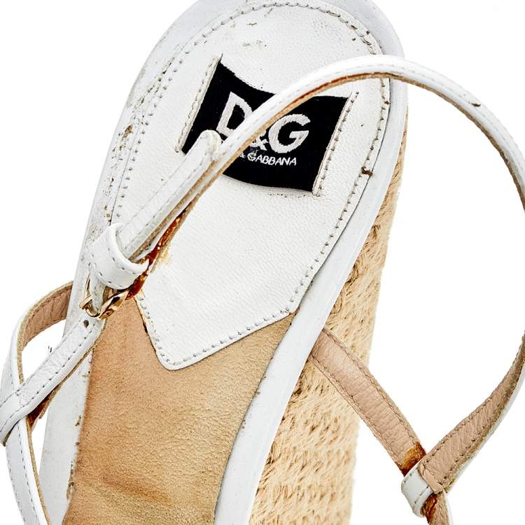 Pre Owned D&G White Leather Cherry Platform Wedge Sandals Size 39.5