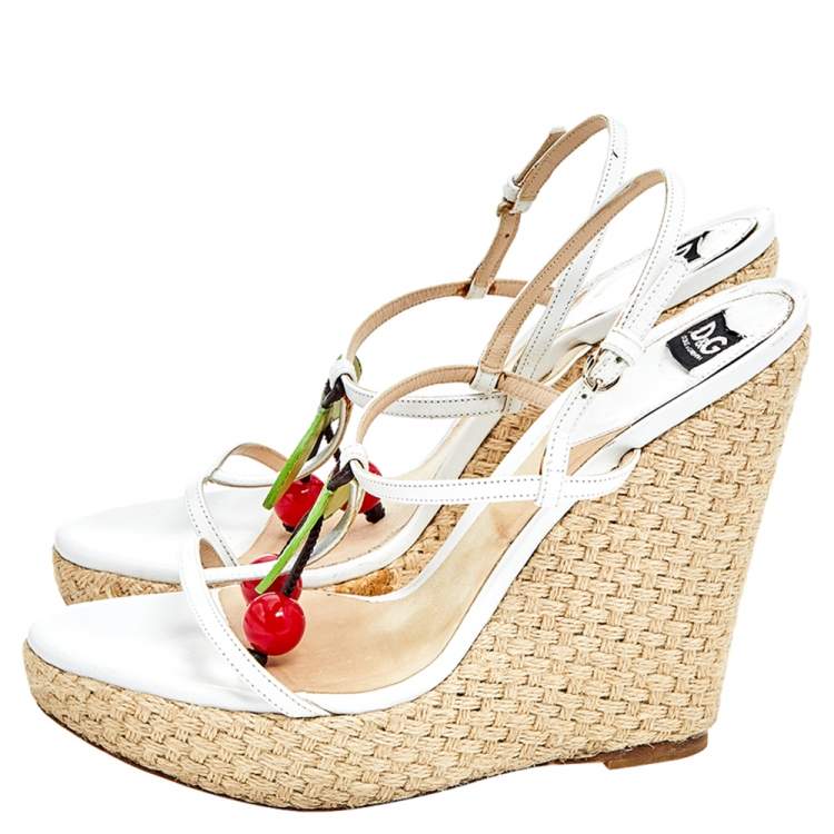 Pre Owned D&G White Leather Cherry Platform Wedge Sandals Size 39.5