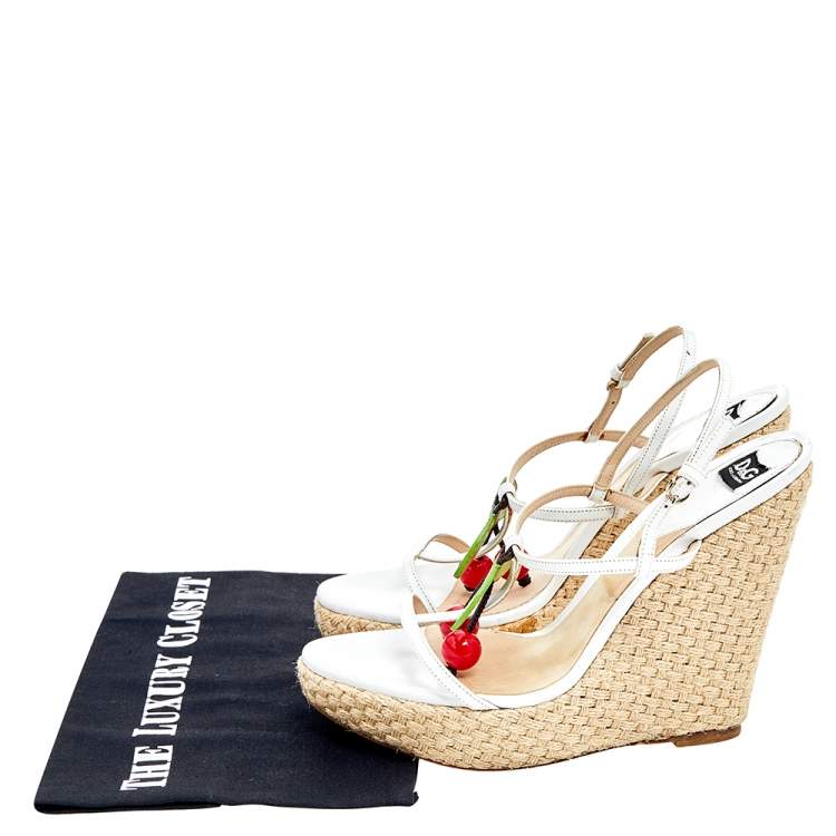 Pre Owned D&G White Leather Cherry Platform Wedge Sandals Size 39.5