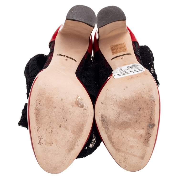 Pre Owned Dolce & Gabbana Red/Black Patent Leather and Lace Socks Ankle-Strap Pumps Size 37