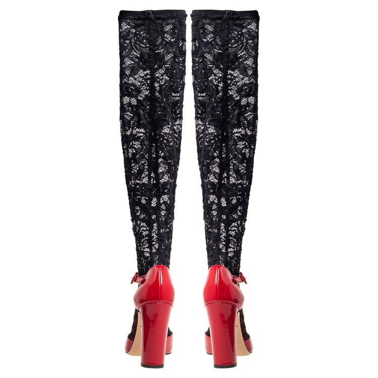 Pre Owned Dolce & Gabbana Red/Black Patent Leather and Lace Socks Ankle-Strap Pumps Size 37