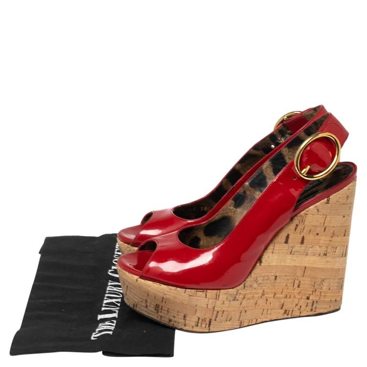 Pre Owned Dolce & Gabbana Red Patent Leather Cork Wedge Platform Slingback Sandals Size 38