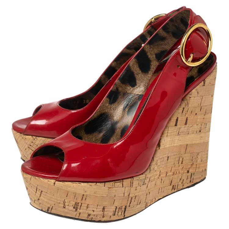 Pre Owned Dolce & Gabbana Red Patent Leather Cork Wedge Platform Slingback Sandals Size 38