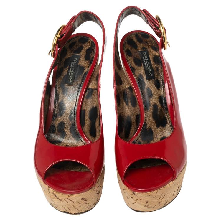 Pre Owned Dolce & Gabbana Red Patent Leather Cork Wedge Platform Slingback Sandals Size 38