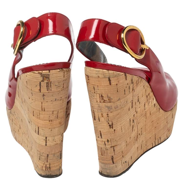Pre Owned Dolce & Gabbana Red Patent Leather Cork Wedge Platform Slingback Sandals Size 38