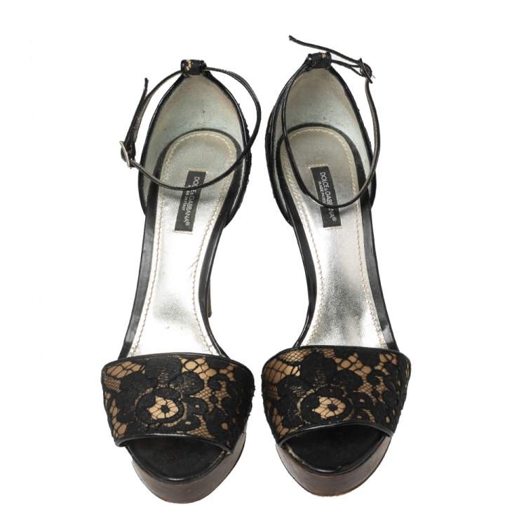 Pre Owned Dolce & Gabbana Black Lace and Satin Ankle-Strap Platform Sandals Size 38