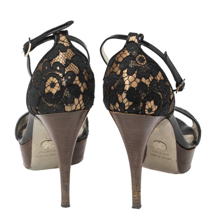 Pre Owned Dolce & Gabbana Black Lace and Satin Ankle-Strap Platform Sandals Size 38