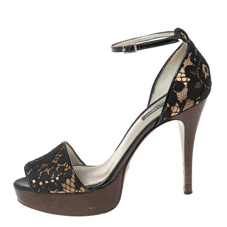 Pre Owned Dolce & Gabbana Black Lace and Satin Ankle-Strap Platform Sandals Size 38