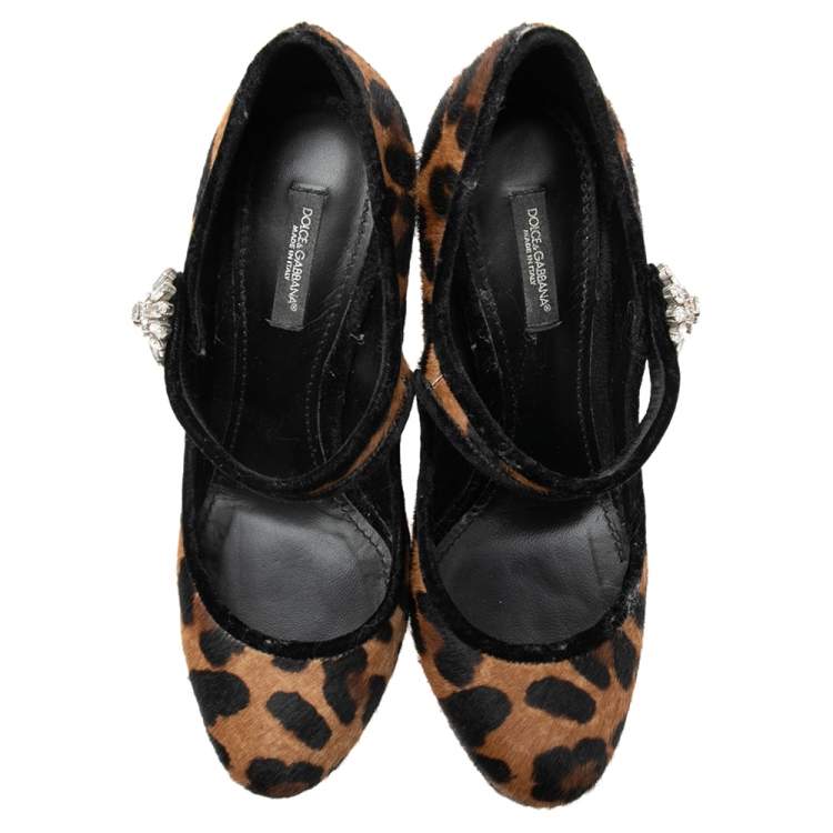 Pre Owned Dolce & Gabbana Brown/Black Leopard Print Calf Hair Leopard Heel Mary Jane Pumps Size 38