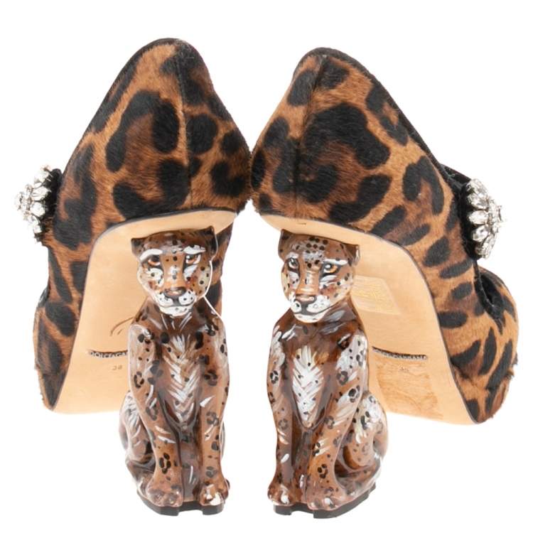Pre Owned Dolce & Gabbana Brown/Black Leopard Print Calf Hair Leopard Heel Mary Jane Pumps Size 38