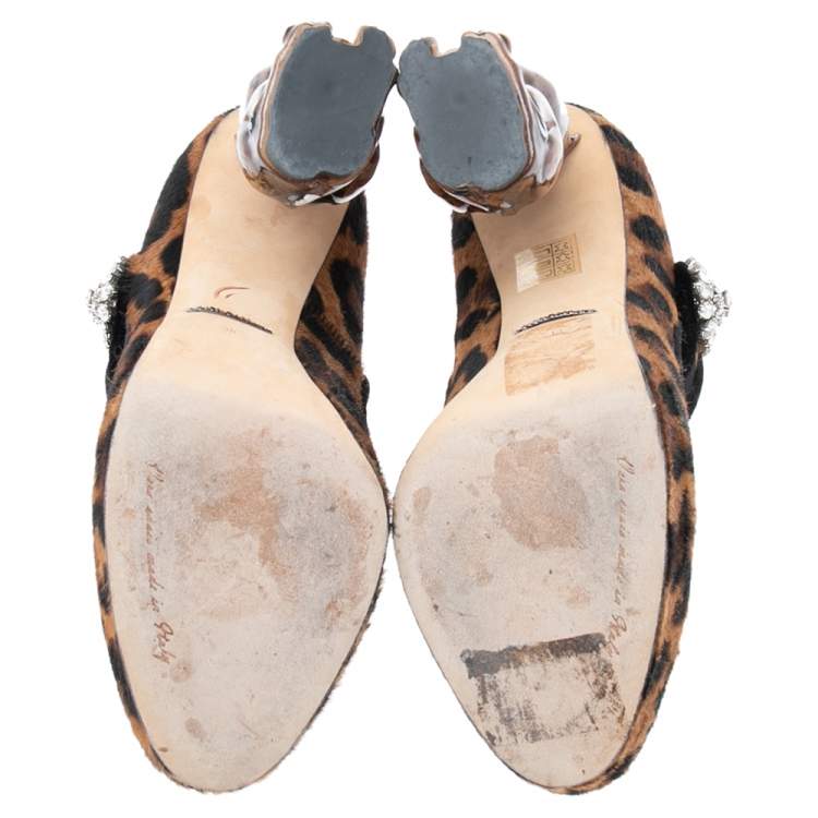 Pre Owned Dolce & Gabbana Brown/Black Leopard Print Calf Hair Leopard Heel Mary Jane Pumps Size 38