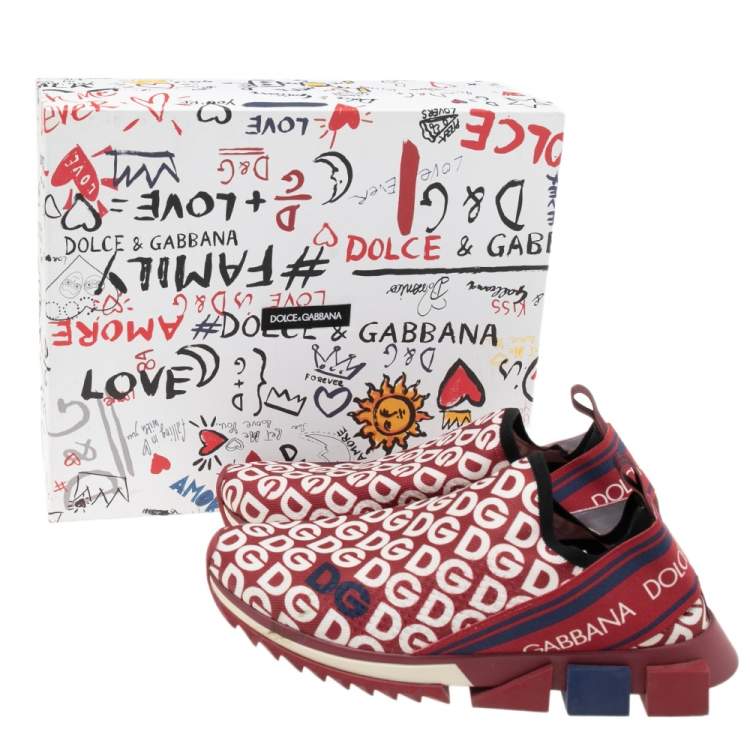 Pre Owned Dolce & Gabbana Red/White Fabric Logo Slip On Sneakers Size 43