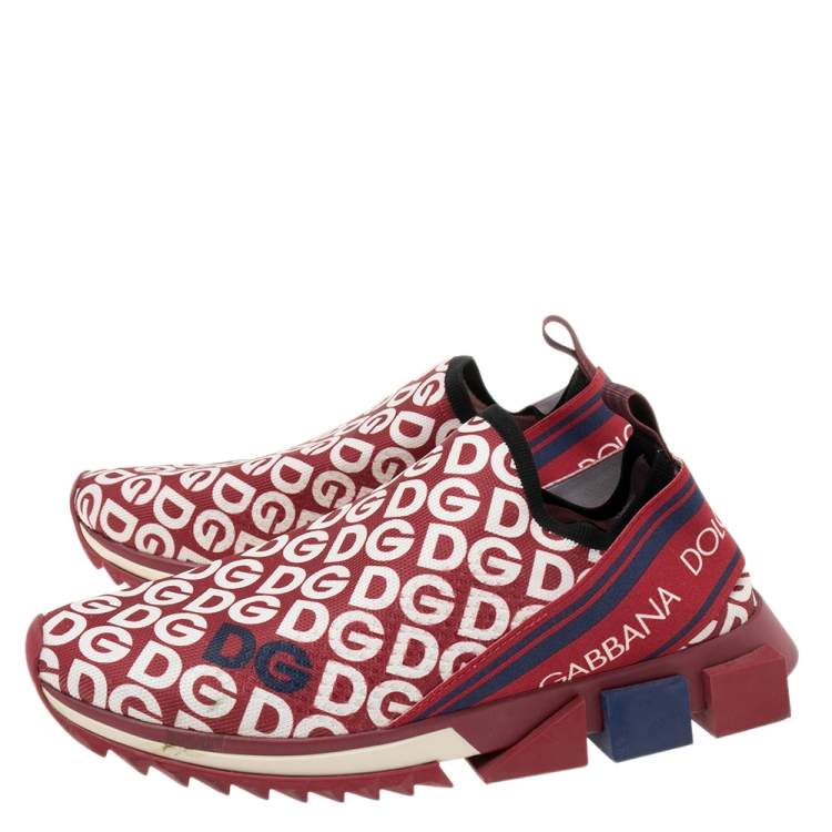 Pre Owned Dolce & Gabbana Red/White Fabric Logo Slip On Sneakers Size 43